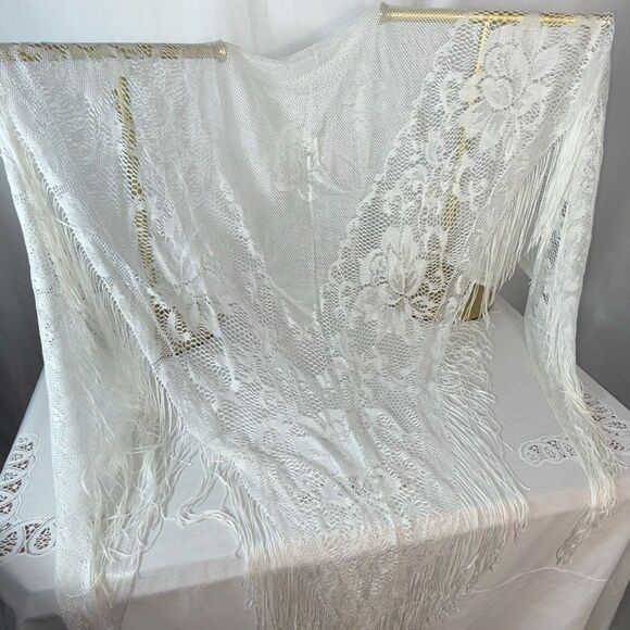 White Lace Fringe Shawl Wrap | Romantic Floral Mantilla Scarf 64x60 + 7” Fringe - Picture 3 of 11
